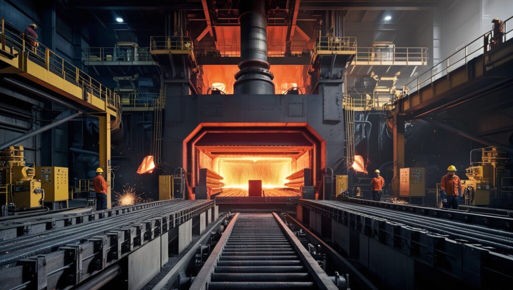 "An industrial ferroalloy plant with a massive glowing furnace at the center, surrounded by heavy machinery, pipes, and workers in protective gear, set in a gritty, dark environment with sparks flying and contrasting shadows."